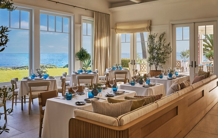 The interior dining space of Studio Mediterranean at the Montage Laguna Beach.