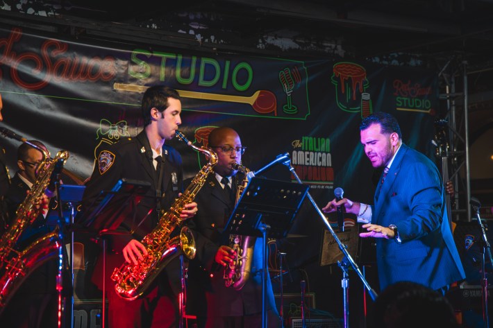 Sal "The Voice" Valentinetti performing at the 2026 Feast of San Gennaro in New York City.