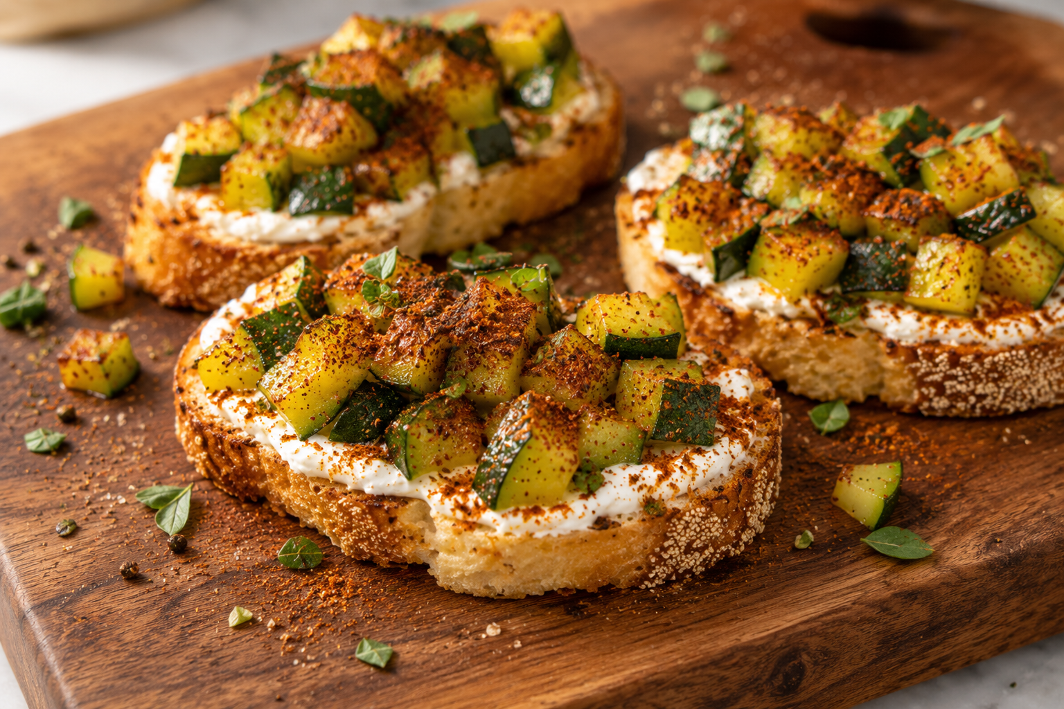 Three zucchini crostini on a wooden serving board.